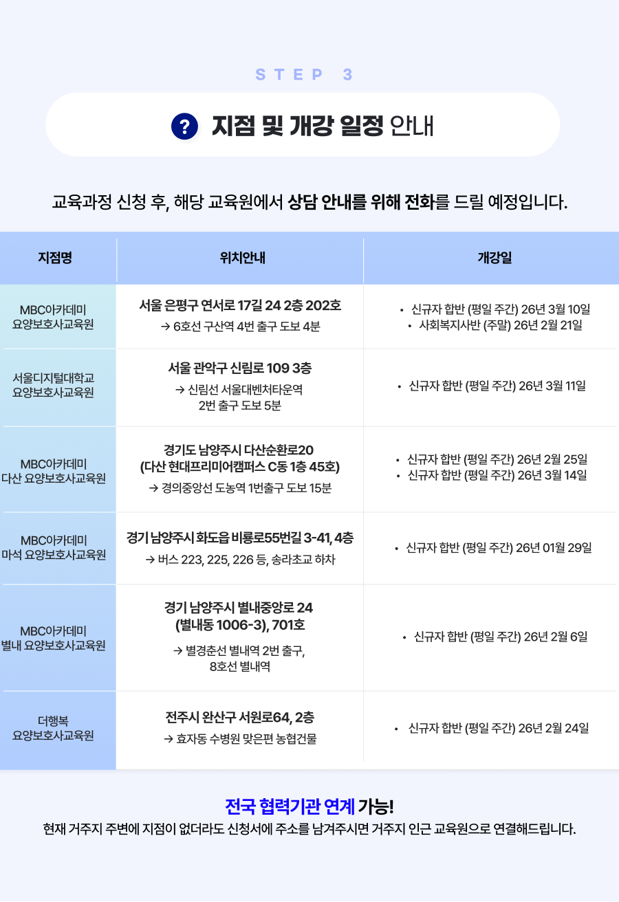 지점 및 개강 일정 안내